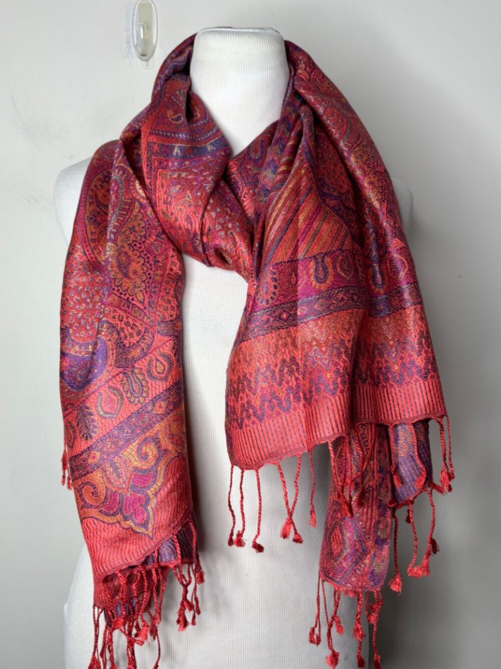 Tantraom New York Silk Woven Scarf Wrap Shawl Fringe Pink Purple Floral Paisley